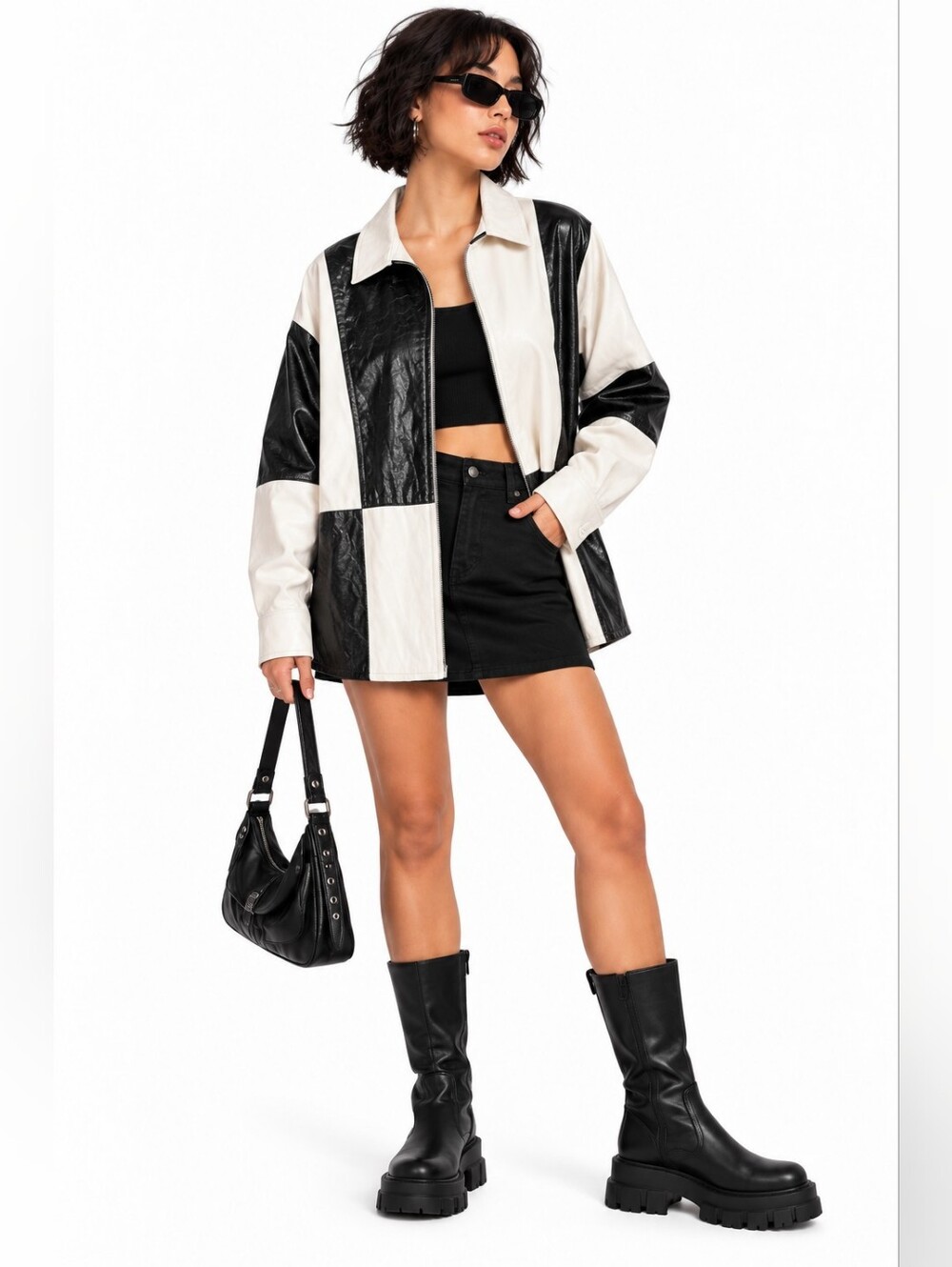 Nasty Gal Petite Black White Faux Leather Colorblock Shacket 8
